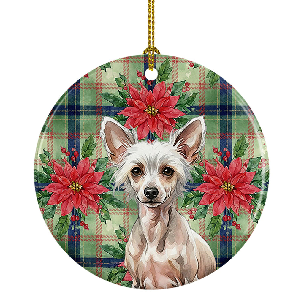 Hairless Chinese Crested Christmas PoinsettIas Ceramic Ornament Christmas Tree Hanging Decorations for Home Christmas Holiday, Party, Gift, 3 in, Multicolor