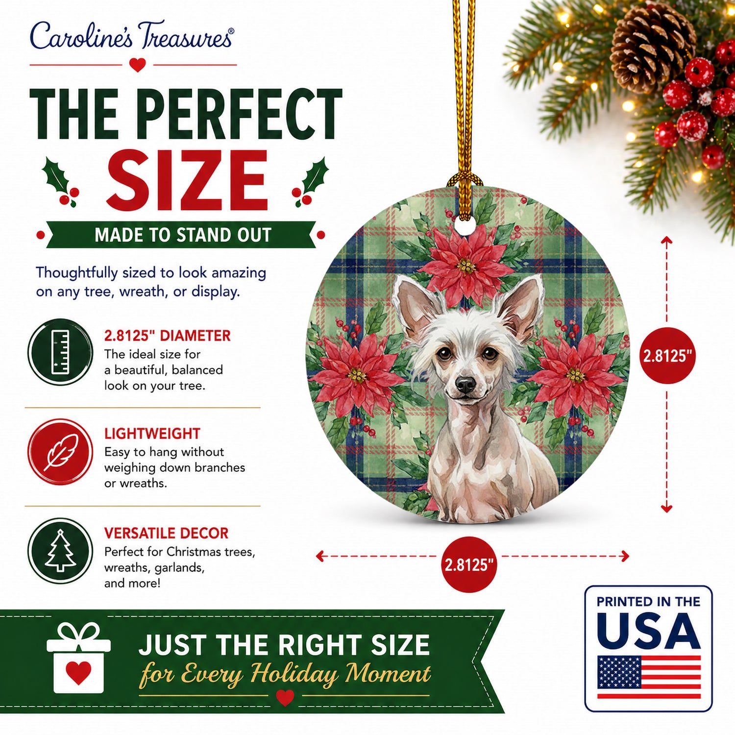 Hairless Chinese Crested Christmas PoinsettIas Ceramic Ornament Christmas Tree Hanging Decorations for Home Christmas Holiday, Party, Gift, 3 in, Multicolor