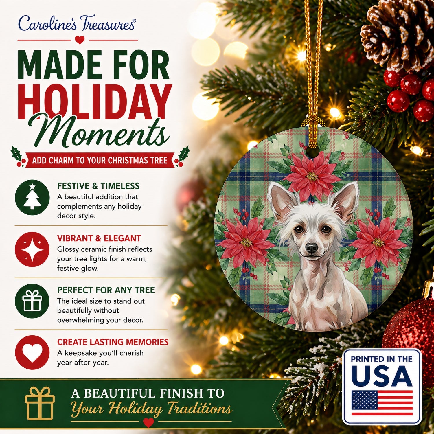 Hairless Chinese Crested Christmas PoinsettIas Ceramic Ornament Christmas Tree Hanging Decorations for Home Christmas Holiday, Party, Gift, 3 in, Multicolor