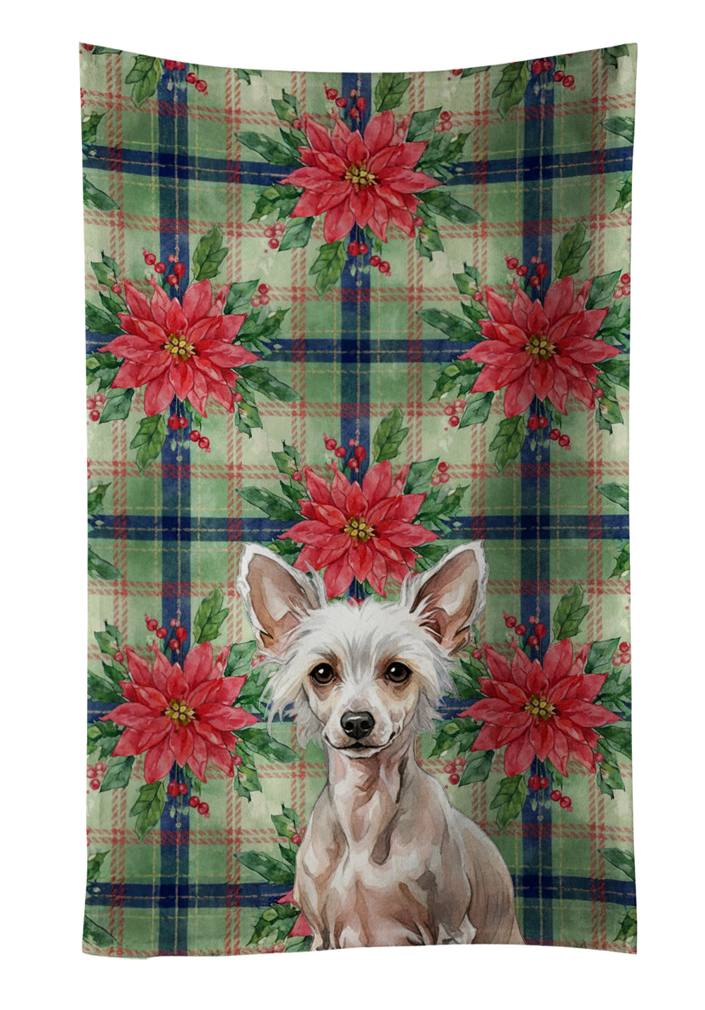 Hairless Chinese Crested Christmas PoinsettIas Kitchen Towel Velour Plush Front and Cotton Loop Back Machine Washable