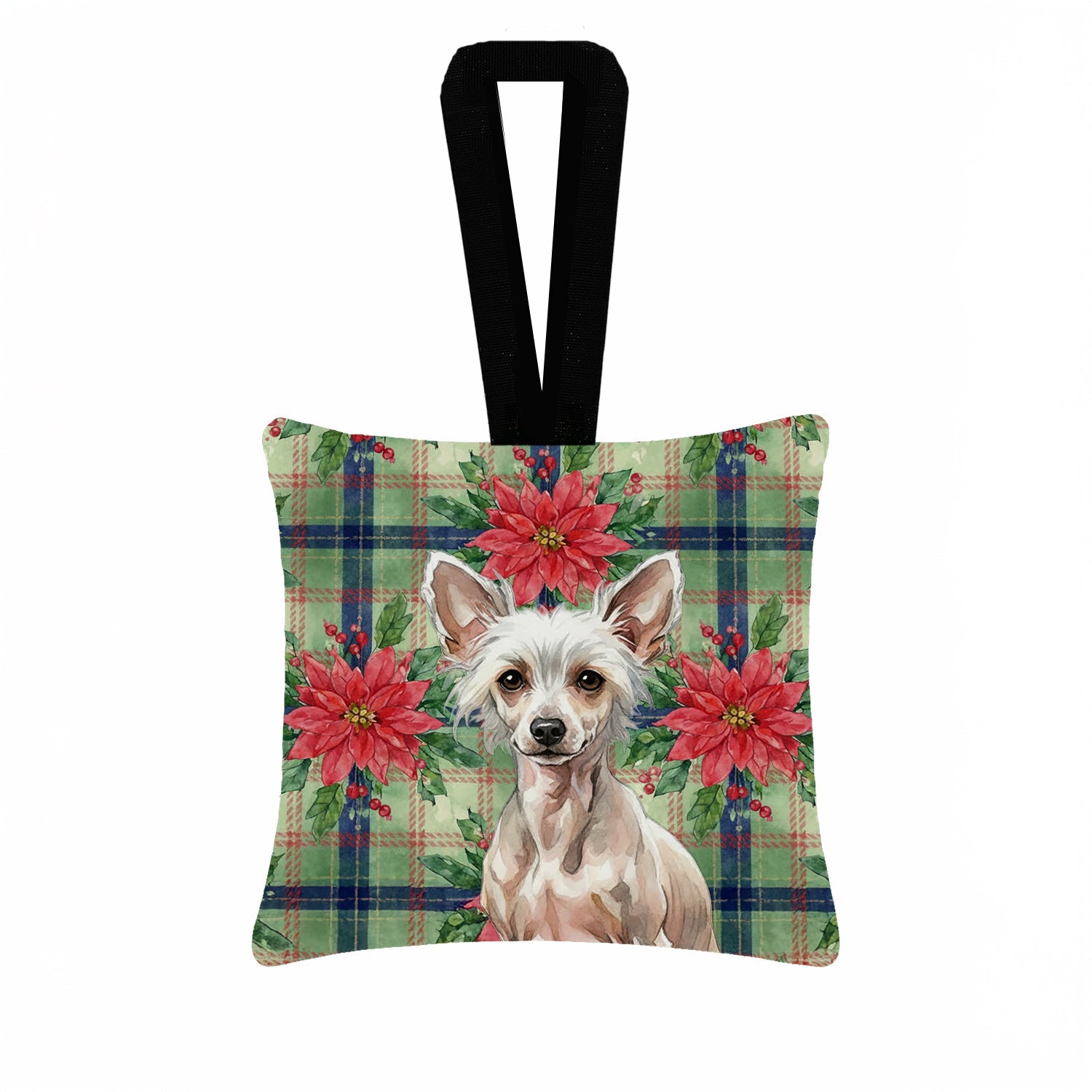 Hairless Chinese Crested Christmas PoinsettIas Hanging Square Fabric Ornament 3.5 � 3.5 Decorative Door-Knob & Tree Hanger, Soft Fabric