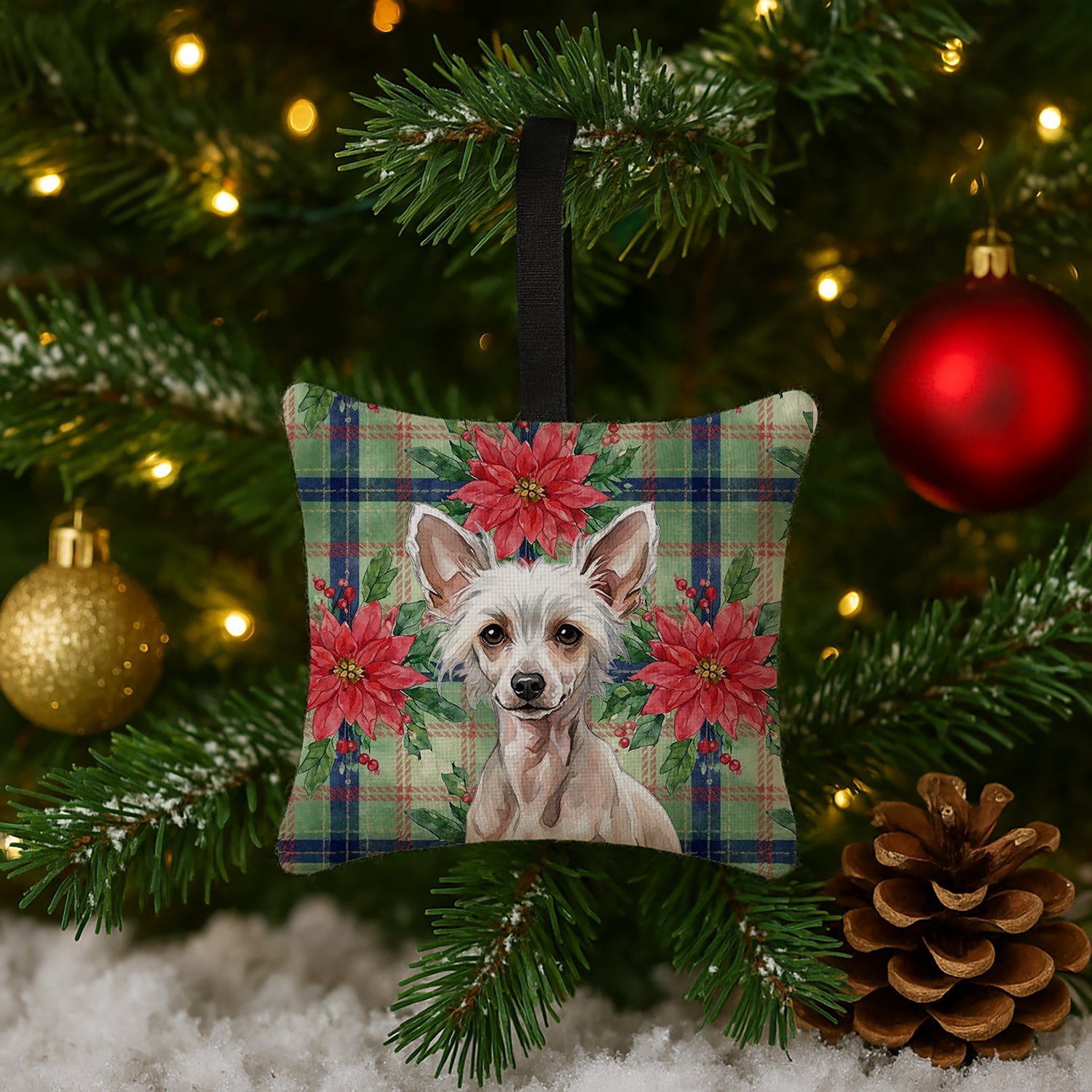 Hairless Chinese Crested Christmas PoinsettIas Hanging Square Fabric Ornament 3.5 � 3.5 Decorative Door-Knob & Tree Hanger, Soft Fabric