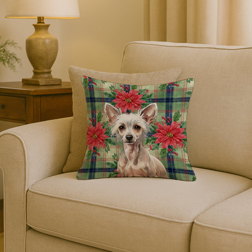 Hairless Chinese Crested Christmas PoinsettIas Decorative Throw Pillow 18x18 Indoor Outdoor Accent Cushion, Fabric Cover with Insert for Sofa, Bed, Porch & Living Room