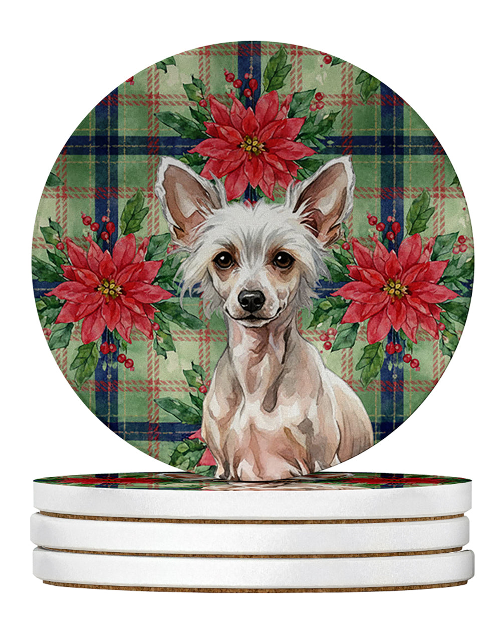 Hairless Chinese Crested Christmas PoinsettIas Large Sandstone Coasters Pack of 4 Absorbent Round Coasters Decor Gifts for Men or Women, 4 in, Multicolor