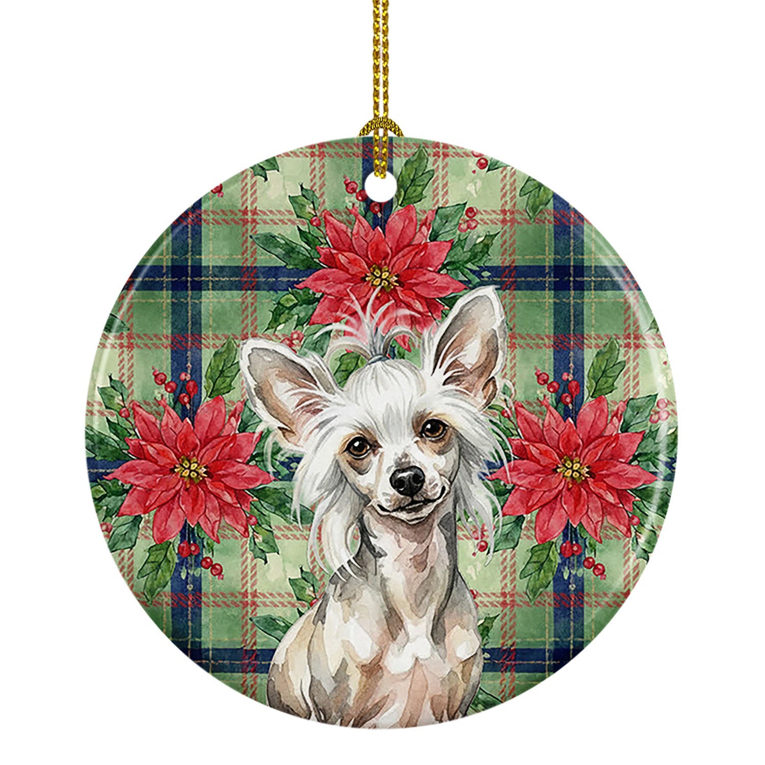 Hairless Mottled Pattern Chinese Crested Christmas PoinsettIas Ceramic Ornament Christmas Tree Hanging Decorations for Home Christmas Holiday, Party, Gift, 3 in, Multicolor