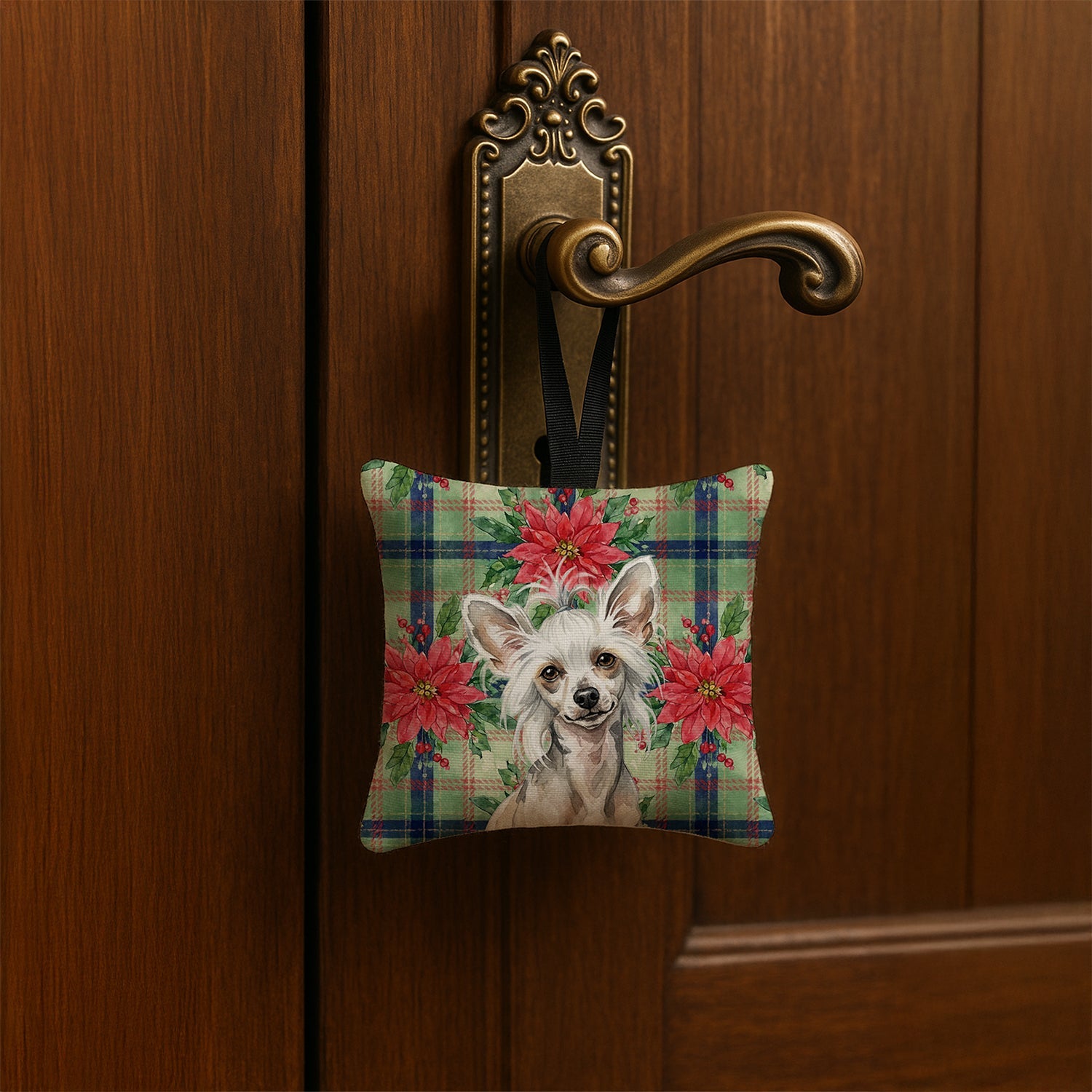Hairless Mottled Pattern Chinese Crested Christmas PoinsettIas Hanging Square Fabric Ornament 3.5 � 3.5 Decorative Door-Knob & Tree Hanger, Soft Fabric