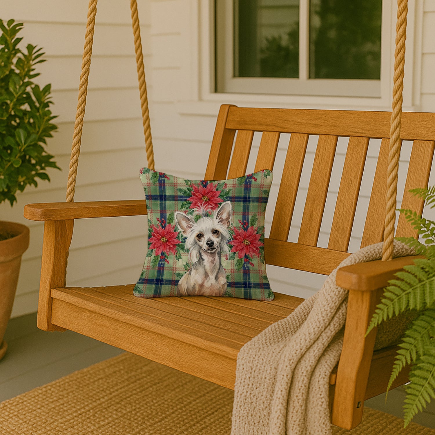 Hairless Mottled Pattern Chinese Crested Christmas PoinsettIas Decorative Throw Pillow 14x14 Indoor Outdoor Accent Cushion, Fabric Cover with Insert for Sofa, Bed, Porch & Living Room