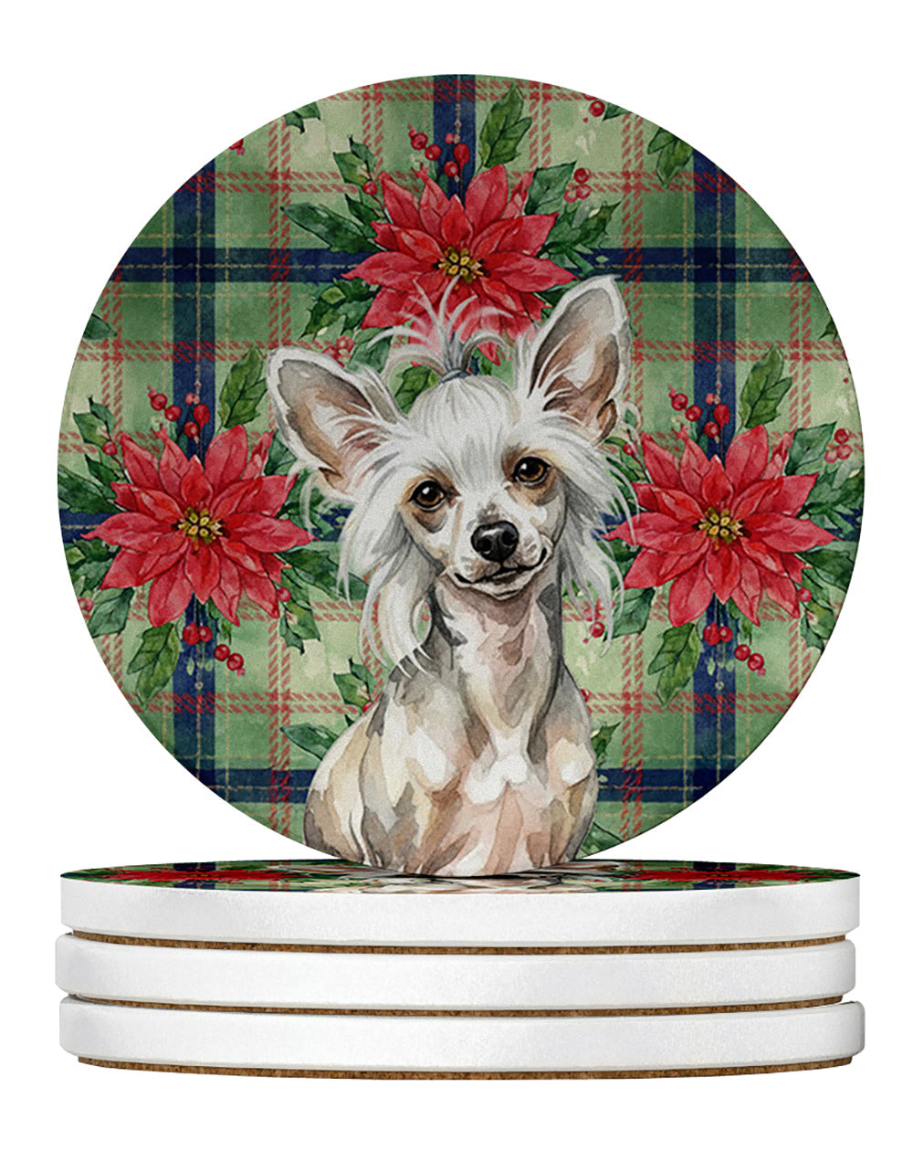 Hairless Mottled Pattern Chinese Crested Christmas PoinsettIas Large Sandstone Coasters Pack of 4 Absorbent Round Coasters Decor Gifts for Men or Women, 4 in, Multicolor