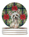 Hairless Mottled Pattern Chinese Crested Christmas PoinsettIas Large Sandstone Coasters Pack of 4 Absorbent Round Coasters Decor Gifts for Men or Women, 4 in, Multicolor