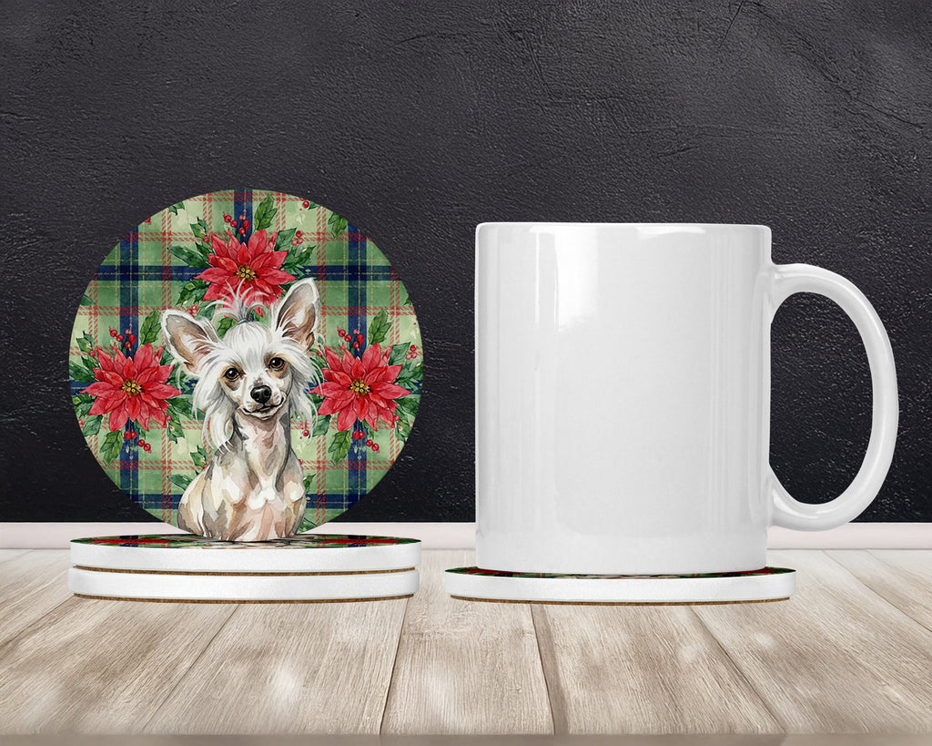 Hairless Mottled Pattern Chinese Crested Christmas PoinsettIas Large Sandstone Coasters Pack of 4 Absorbent Round Coasters Decor Gifts for Men or Women, 4 in, Multicolor