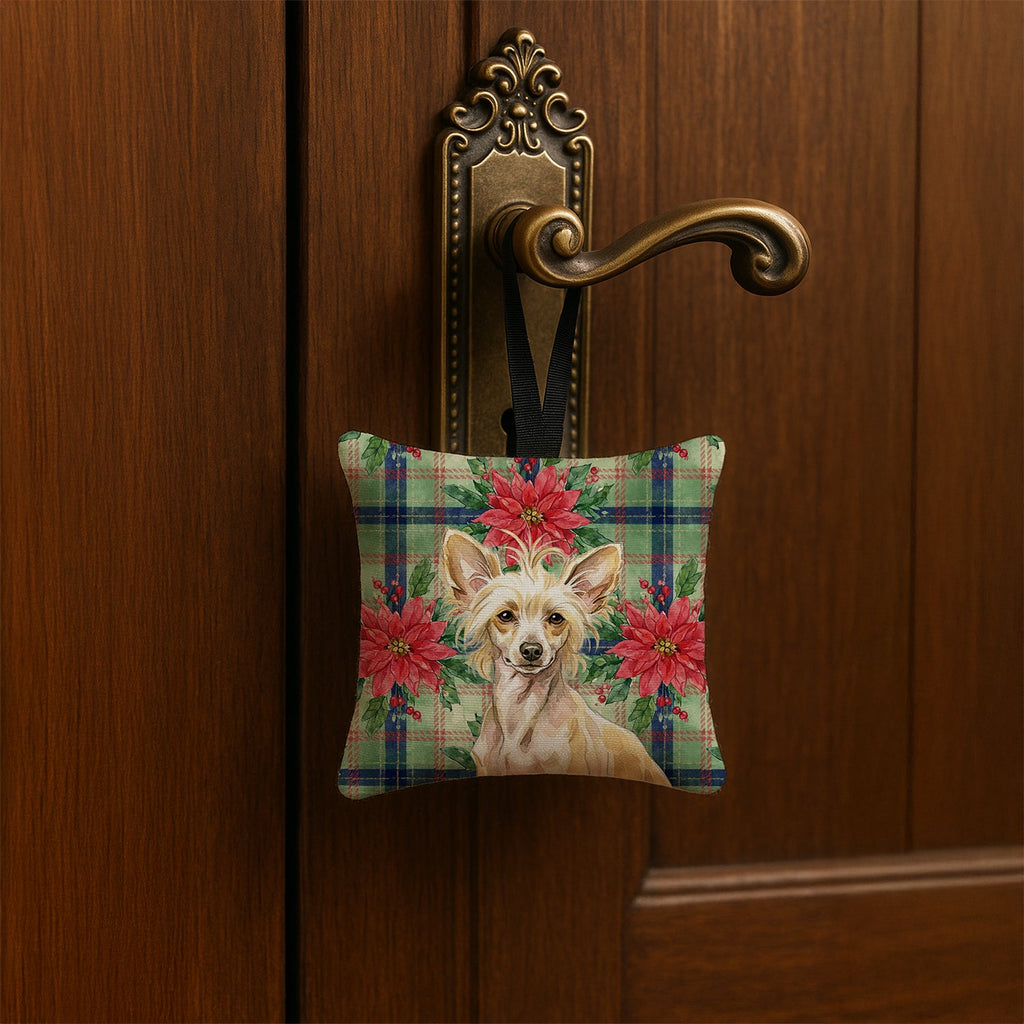 Hairless Palomino Chinese Crested Christmas PoinsettIas Hanging Square Fabric Ornament 3.5 � 3.5 Decorative Door-Knob & Tree Hanger, Soft Fabric