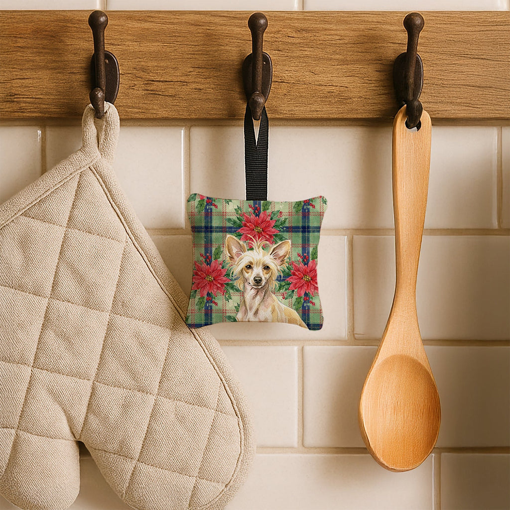 Hairless Palomino Chinese Crested Christmas PoinsettIas Hanging Square Fabric Ornament 3.5 � 3.5 Decorative Door-Knob & Tree Hanger, Soft Fabric