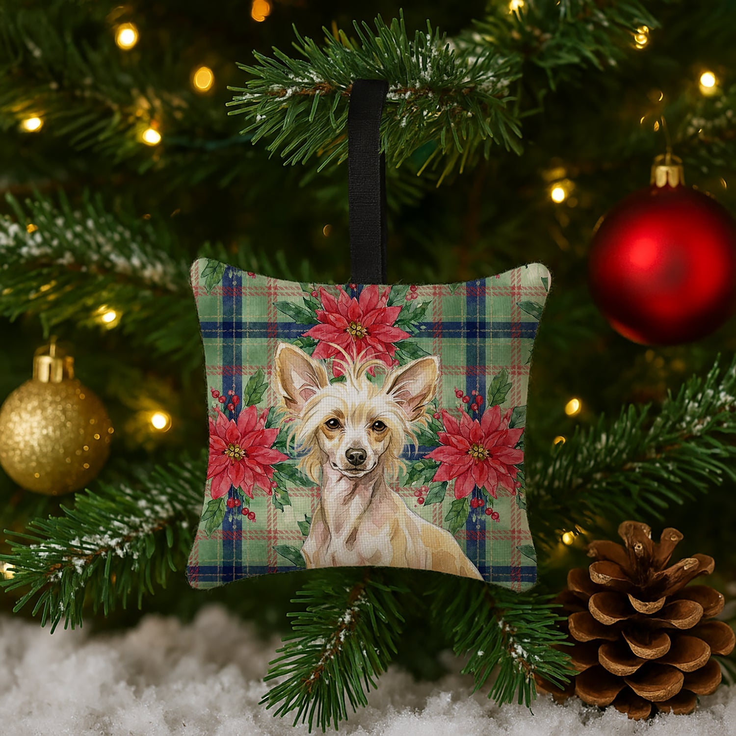 Hairless Palomino Chinese Crested Christmas PoinsettIas Hanging Square Fabric Ornament 3.5 � 3.5 Decorative Door-Knob & Tree Hanger, Soft Fabric