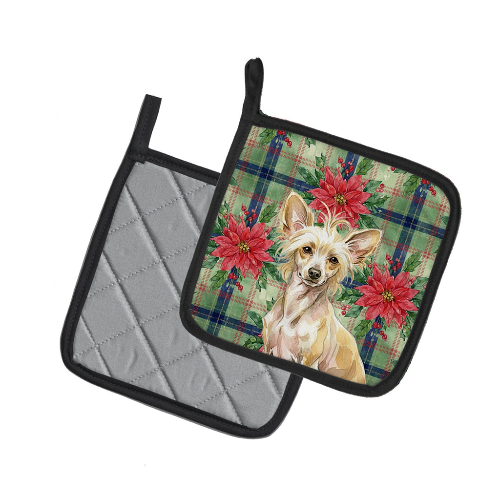 Hairless Palomino Chinese Crested Christmas PoinsettIas Pot Holder Set of 2 Heat Resistant Quilted Hot Pads 7.5 x 7.5 Inch, Insulated Kitchen Trivets for Cooking & Baking