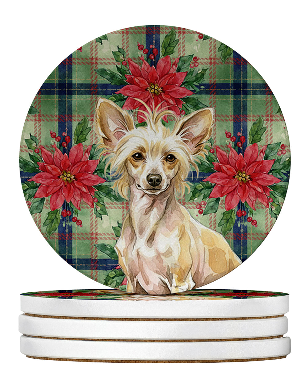 Hairless Palomino Chinese Crested Christmas PoinsettIas Large Sandstone Coasters Pack of 4 Absorbent Round Coasters Decor Gifts for Men or Women, 4 in, Multicolor