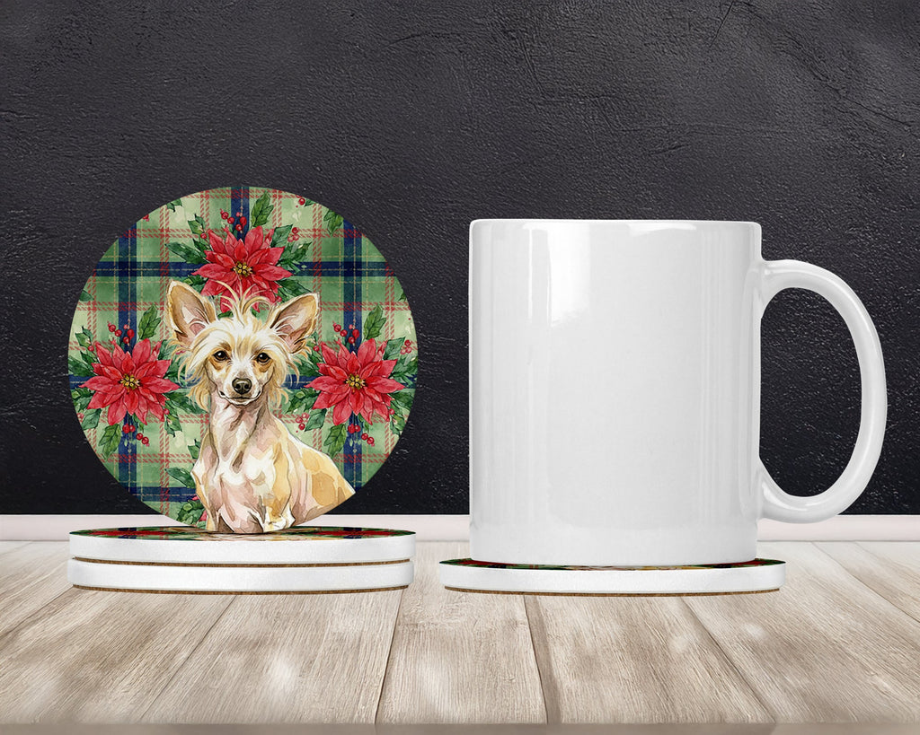 Hairless Palomino Chinese Crested Christmas PoinsettIas Large Sandstone Coasters Pack of 4 Absorbent Round Coasters Decor Gifts for Men or Women, 4 in, Multicolor