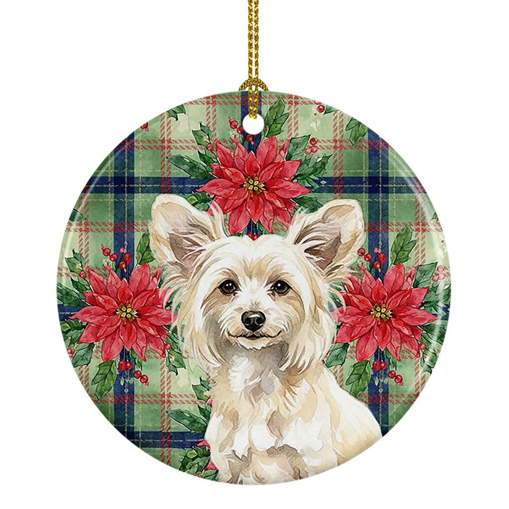 Powderpuff Chinese Crested Christmas PoinsettIas Ceramic Ornament Christmas Tree Hanging Decorations for Home Christmas Holiday, Party, Gift, 3 in, Multicolor