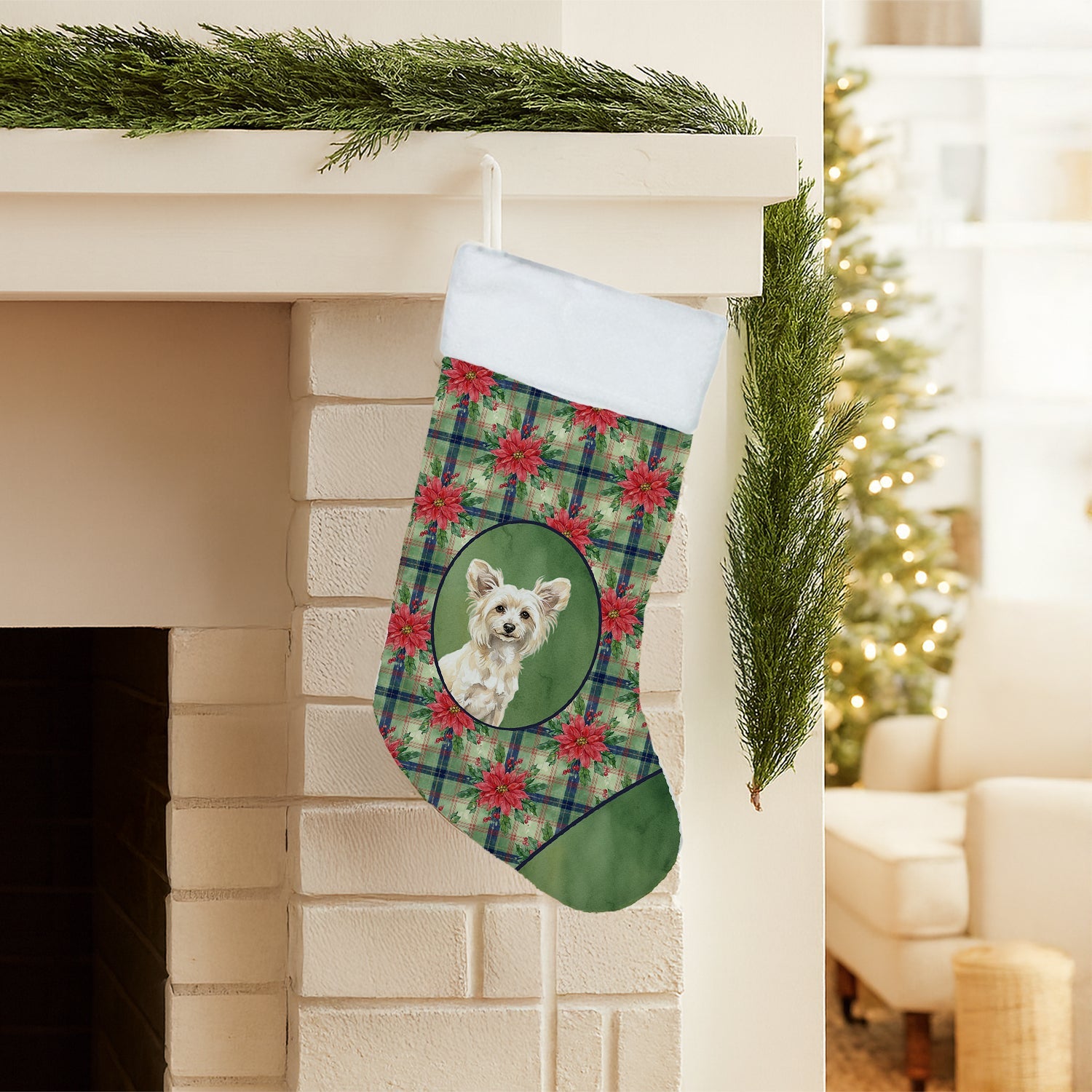 Powderpuff Chinese Crested Christmas PoinsettIas Holiday Stocking Double-Sided Print, Polyester Suede,11x18, Made in USA
