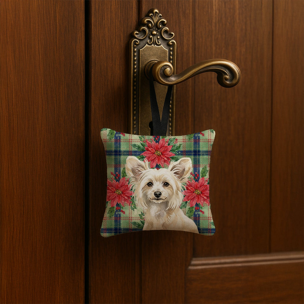 Powderpuff Chinese Crested Christmas PoinsettIas Hanging Square Fabric Ornament 3.5 � 3.5 Decorative Door-Knob & Tree Hanger, Soft Fabric