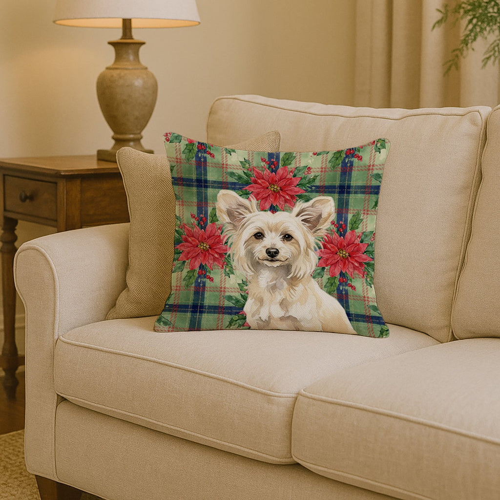 Powderpuff Chinese Crested Christmas PoinsettIas Decorative Throw Pillow 14x14 Indoor Outdoor Accent Cushion, Fabric Cover with Insert for Sofa, Bed, Porch & Living Room