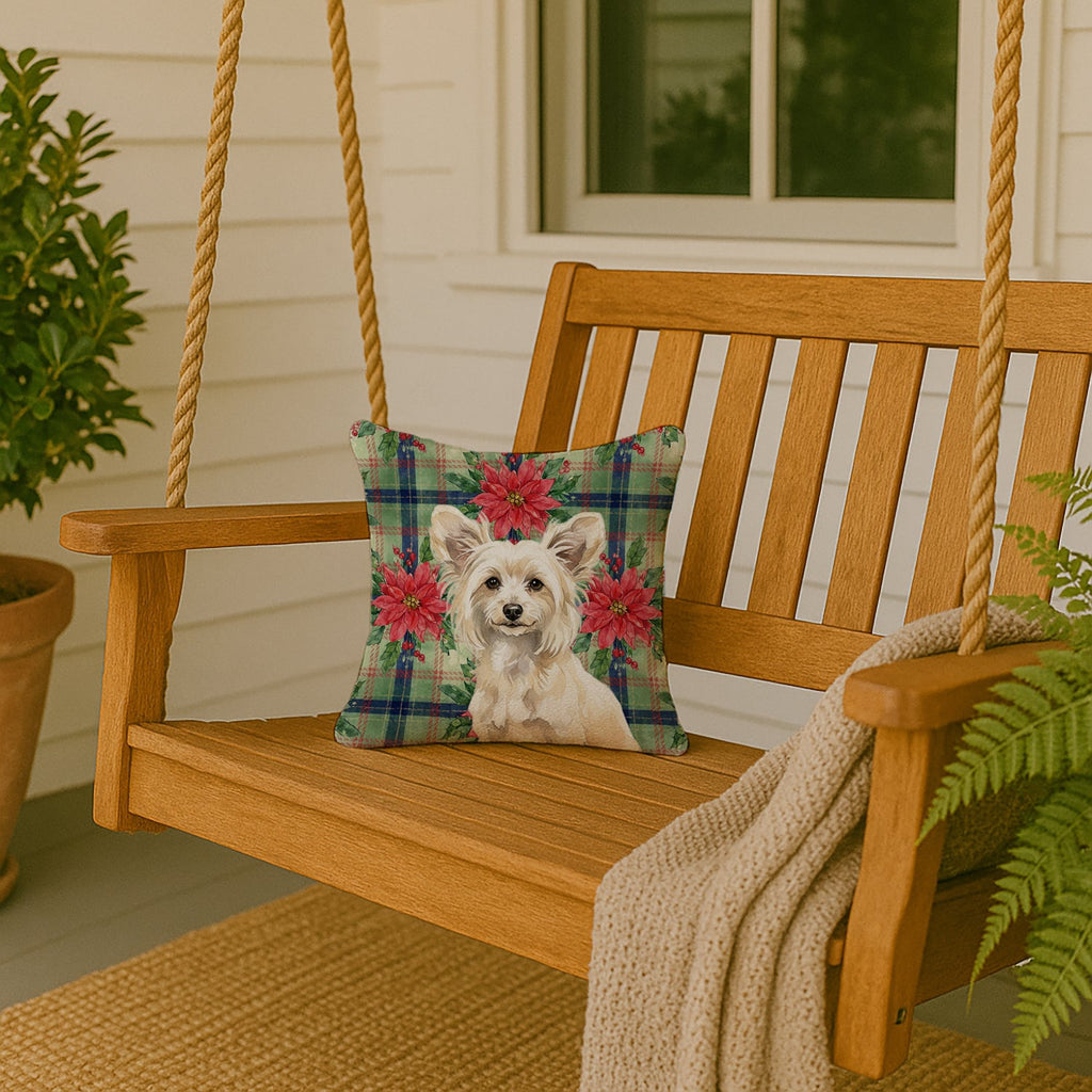 Powderpuff Chinese Crested Christmas PoinsettIas Decorative Throw Pillow 14x14 Indoor Outdoor Accent Cushion, Fabric Cover with Insert for Sofa, Bed, Porch & Living Room