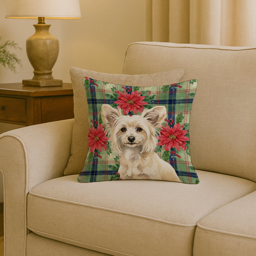 Powderpuff Chinese Crested Christmas PoinsettIas Decorative Throw Pillow 18x18 Indoor Outdoor Accent Cushion, Fabric Cover with Insert for Sofa, Bed, Porch & Living Room