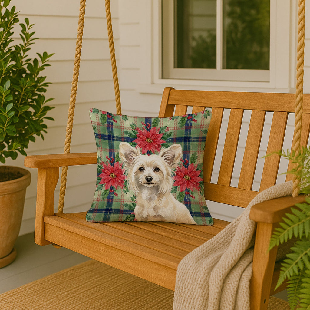 Powderpuff Chinese Crested Christmas PoinsettIas Decorative Throw Pillow 18x18 Indoor Outdoor Accent Cushion, Fabric Cover with Insert for Sofa, Bed, Porch & Living Room