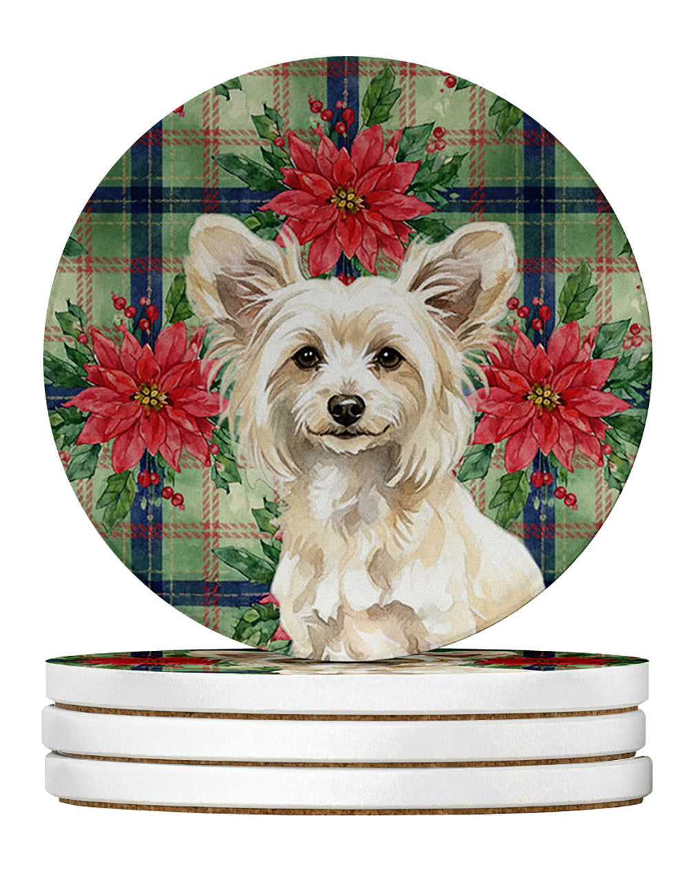 Powderpuff Chinese Crested Christmas PoinsettIas Large Sandstone Coasters Pack of 4 Absorbent Round Coasters Decor Gifts for Men or Women, 4 in, Multicolor