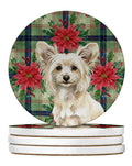 Powderpuff Chinese Crested Christmas PoinsettIas Large Sandstone Coasters Pack of 4 Absorbent Round Coasters Decor Gifts for Men or Women, 4 in, Multicolor