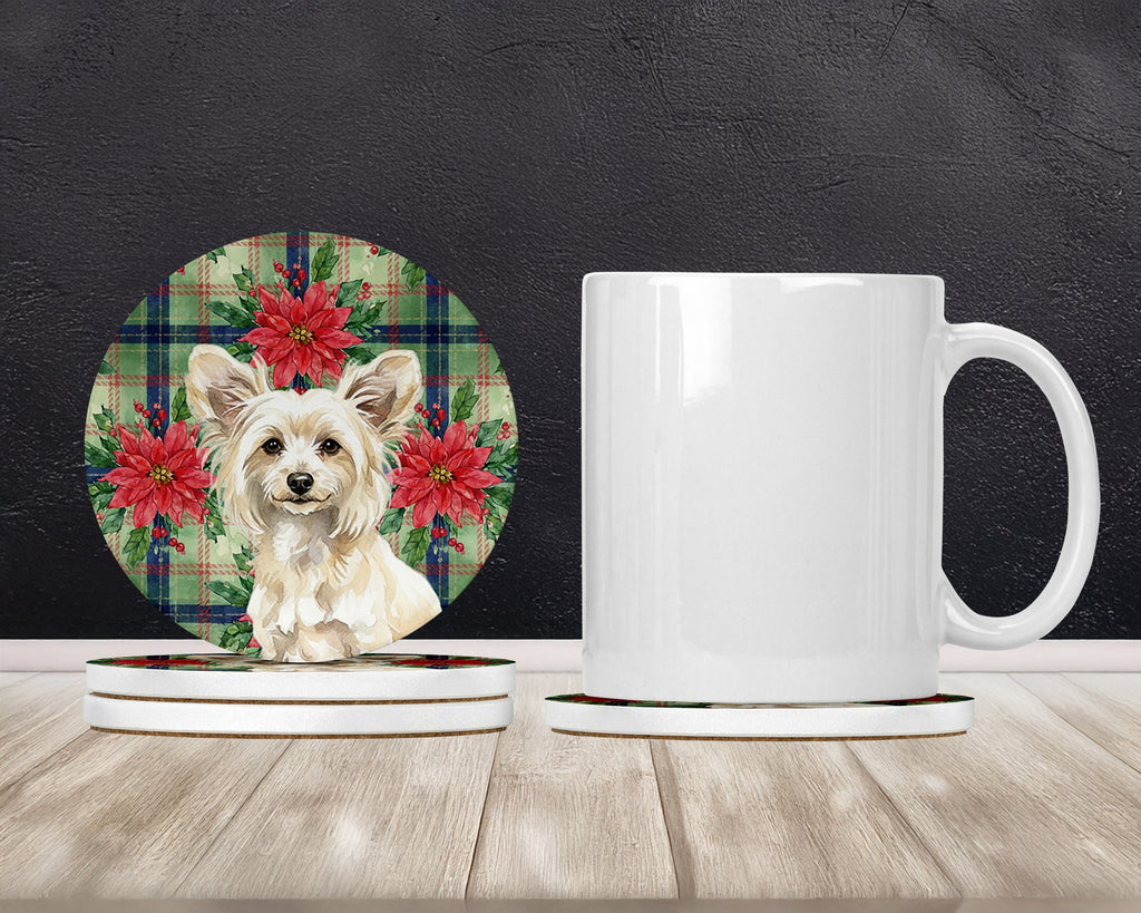 Powderpuff Chinese Crested Christmas PoinsettIas Large Sandstone Coasters Pack of 4 Absorbent Round Coasters Decor Gifts for Men or Women, 4 in, Multicolor