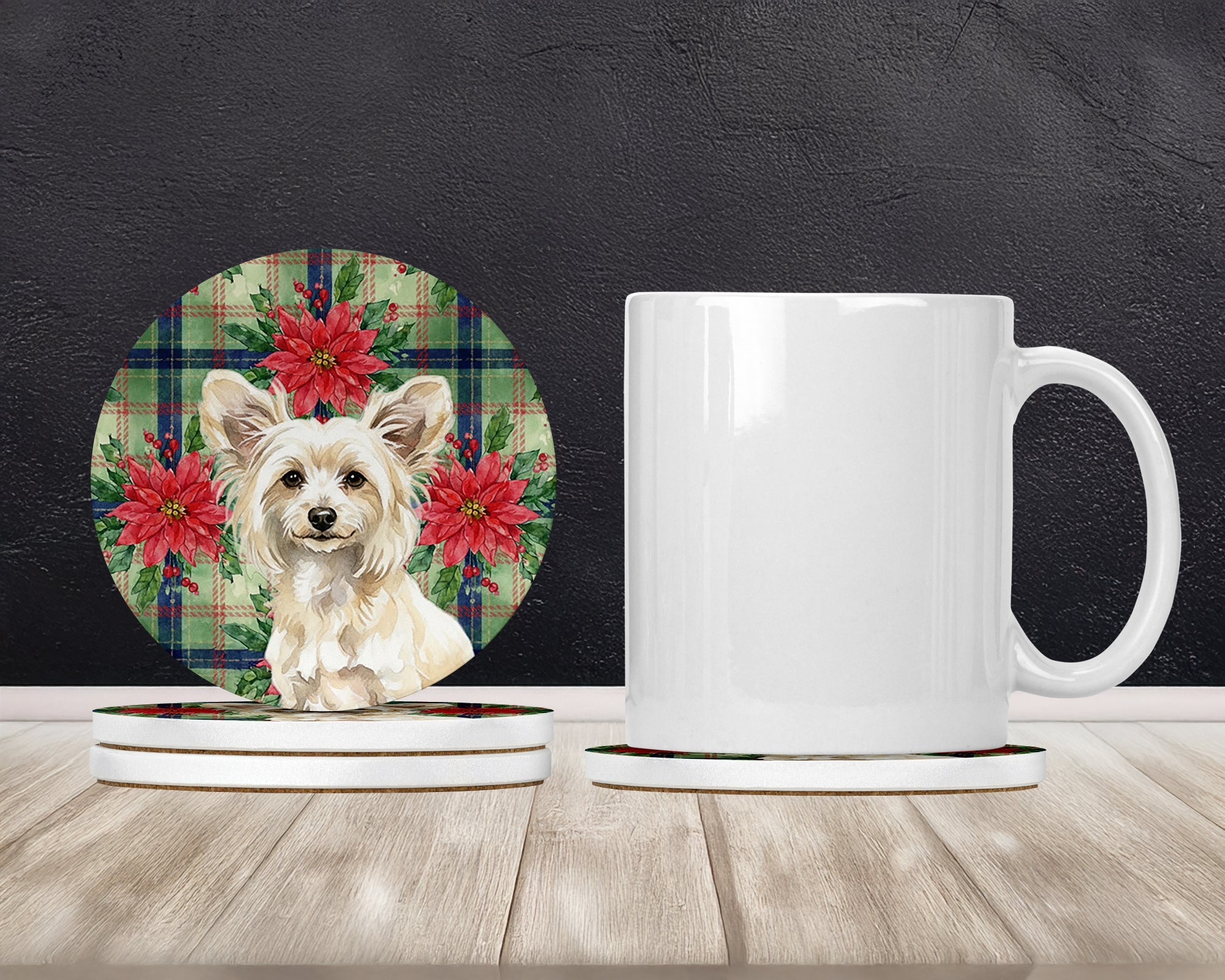 Powderpuff Chinese Crested Christmas PoinsettIas Large Sandstone Coasters Pack of 4 Absorbent Round Coasters Decor Gifts for Men or Women, 4 in, Multicolor