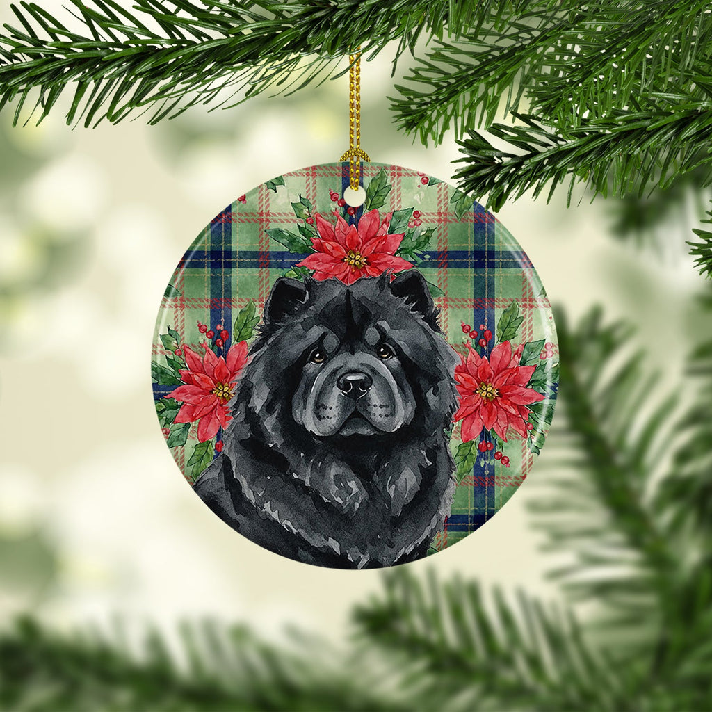 Black Chow Chow Christmas PoinsettIas Ceramic Ornament Christmas Tree Hanging Decorations for Home Christmas Holiday, Party, Gift, 3 in, Multicolor