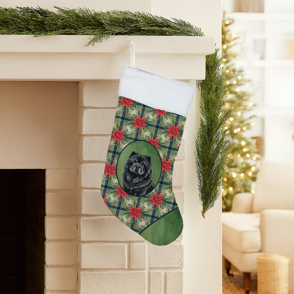 Black Chow Chow Christmas PoinsettIas Holiday Stocking Double-Sided Print, Polyester Suede,11x18, Made in USA
