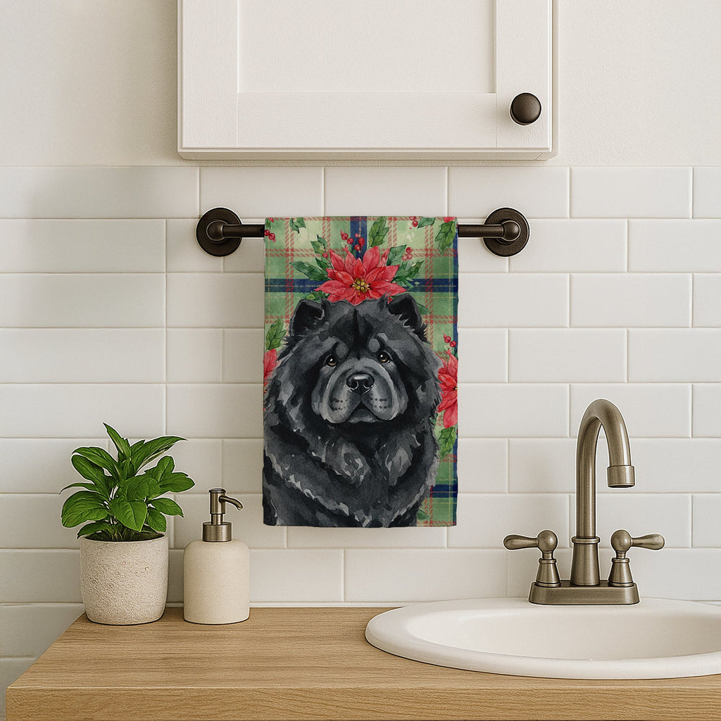 Black Chow Chow Christmas PoinsettIas Kitchen Towel Velour Plush Front and Cotton Loop Back Machine Washable
