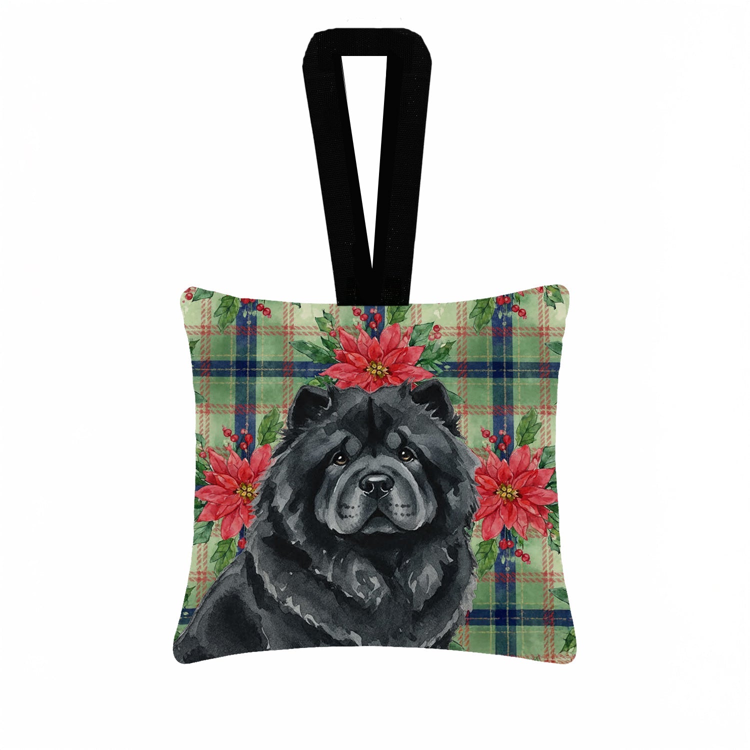 Black Chow Chow Christmas PoinsettIas Hanging Square Fabric Ornament 3.5 � 3.5 Decorative Door-Knob & Tree Hanger, Soft Fabric