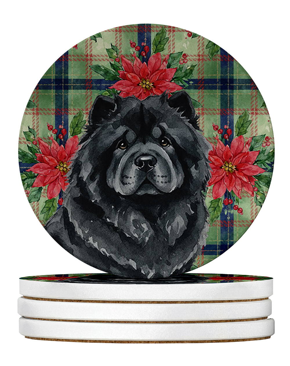 Black Chow Chow Christmas PoinsettIas Large Sandstone Coasters Pack of 4 Absorbent Round Coasters Decor Gifts for Men or Women, 4 in, Multicolor