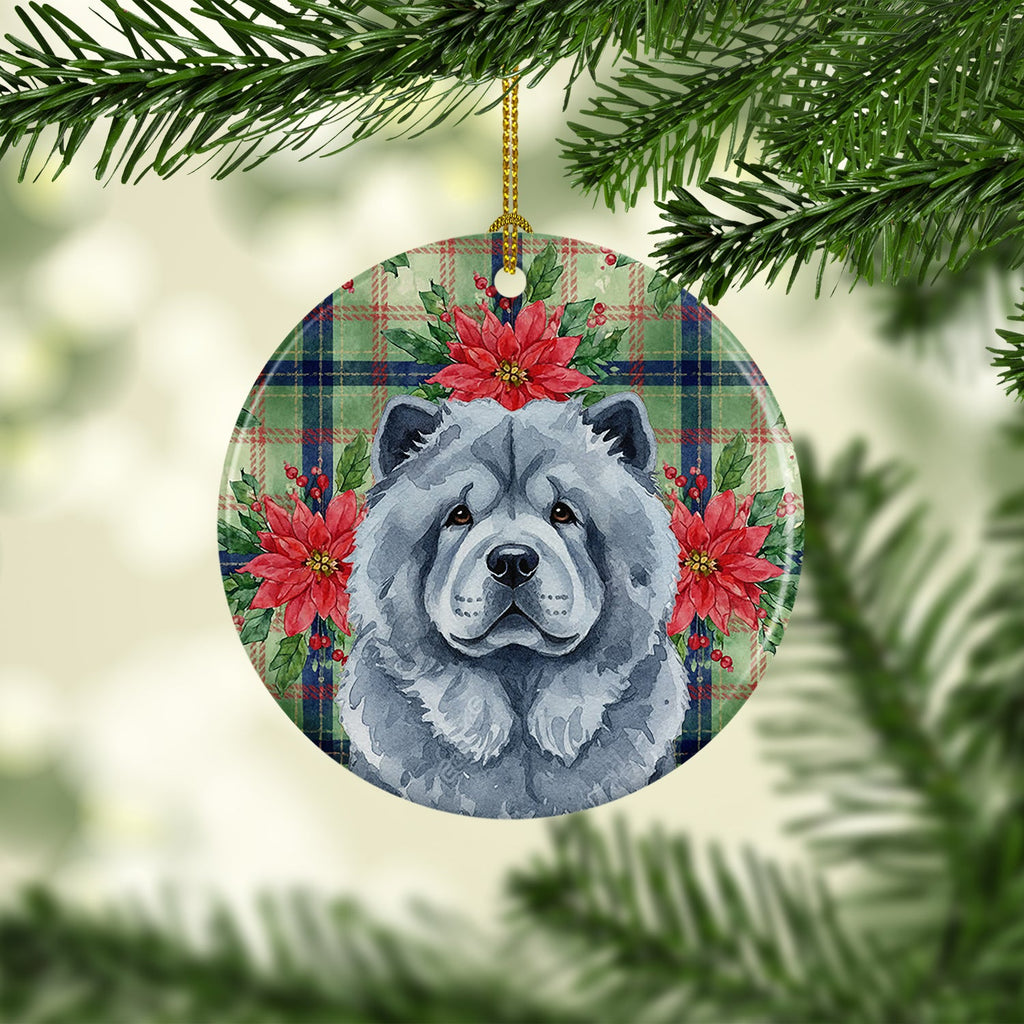 Blue Chow Chow Christmas PoinsettIas Ceramic Ornament Christmas Tree Hanging Decorations for Home Christmas Holiday, Party, Gift, 3 in, Multicolor