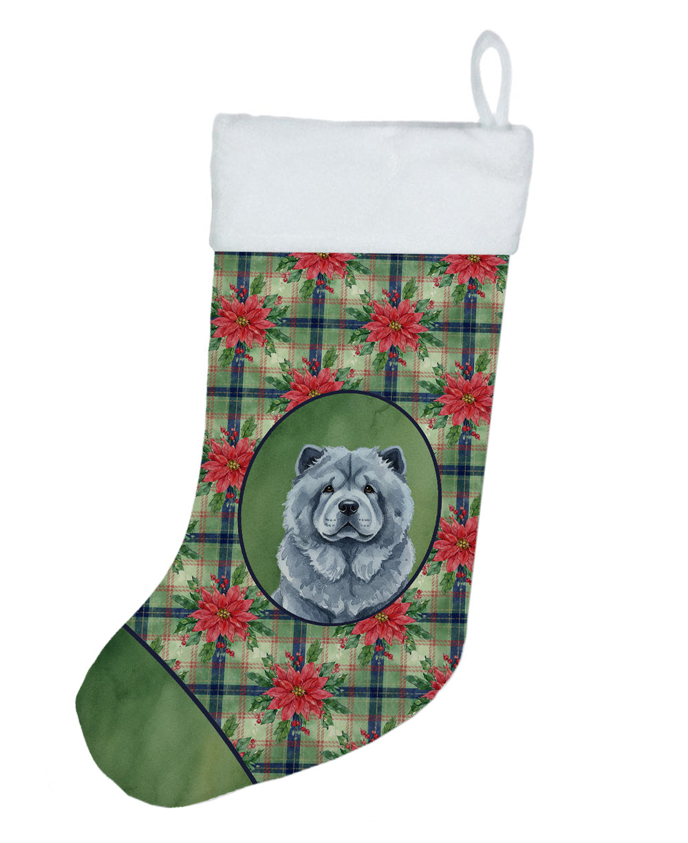 Blue Chow Chow Christmas PoinsettIas Holiday Stocking Double-Sided Print, Polyester Suede,11x18, Made in USA