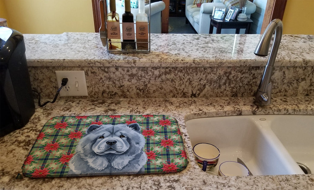 Blue Chow Chow Christmas PoinsettIas Dish Drying Mat Absorbent Dish Drying Mat Pad for Kitchen Counter Dish Drainer Mat for Countertop, 14 x 21", Multicolor