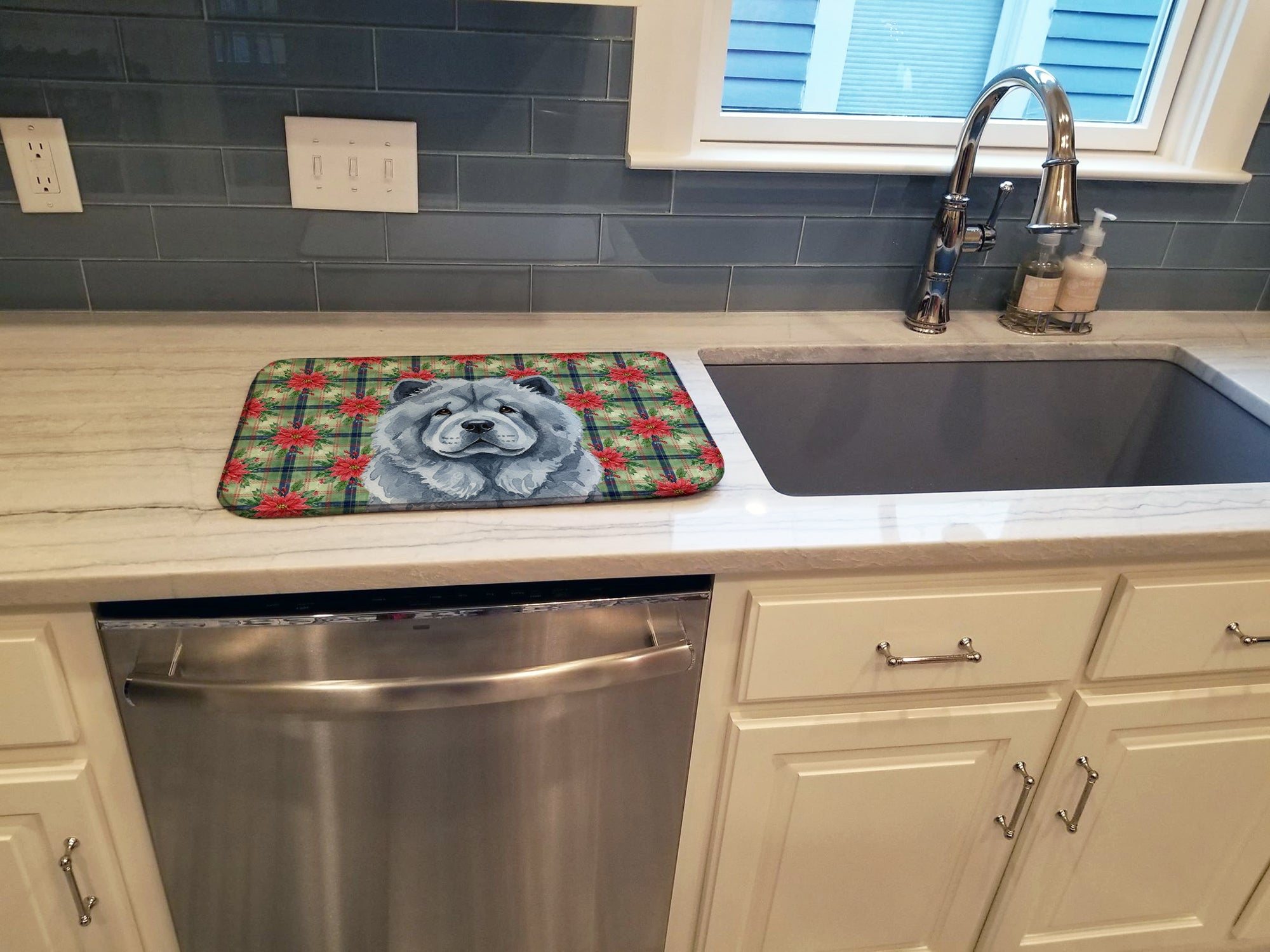 Blue Chow Chow Christmas PoinsettIas Dish Drying Mat Absorbent Dish Drying Mat Pad for Kitchen Counter Dish Drainer Mat for Countertop, 14 x 21", Multicolor