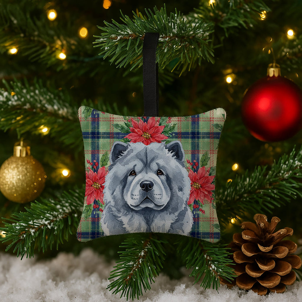 Blue Chow Chow Christmas PoinsettIas Hanging Square Fabric Ornament 3.5 � 3.5 Decorative Door-Knob & Tree Hanger, Soft Fabric