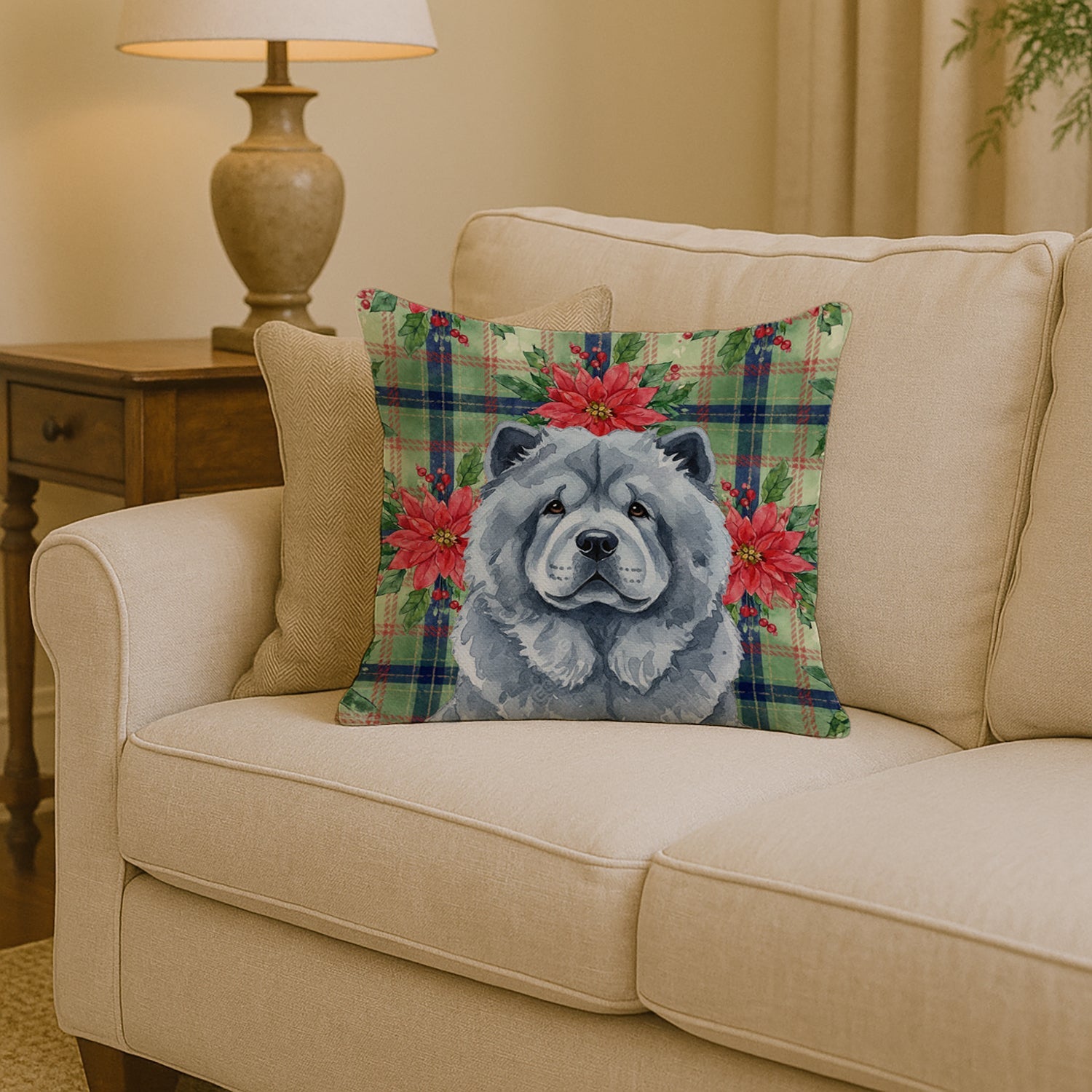 Blue Chow Chow Christmas PoinsettIas Decorative Throw Pillow 14x14 Indoor Outdoor Accent Cushion, Fabric Cover with Insert for Sofa, Bed, Porch & Living Room