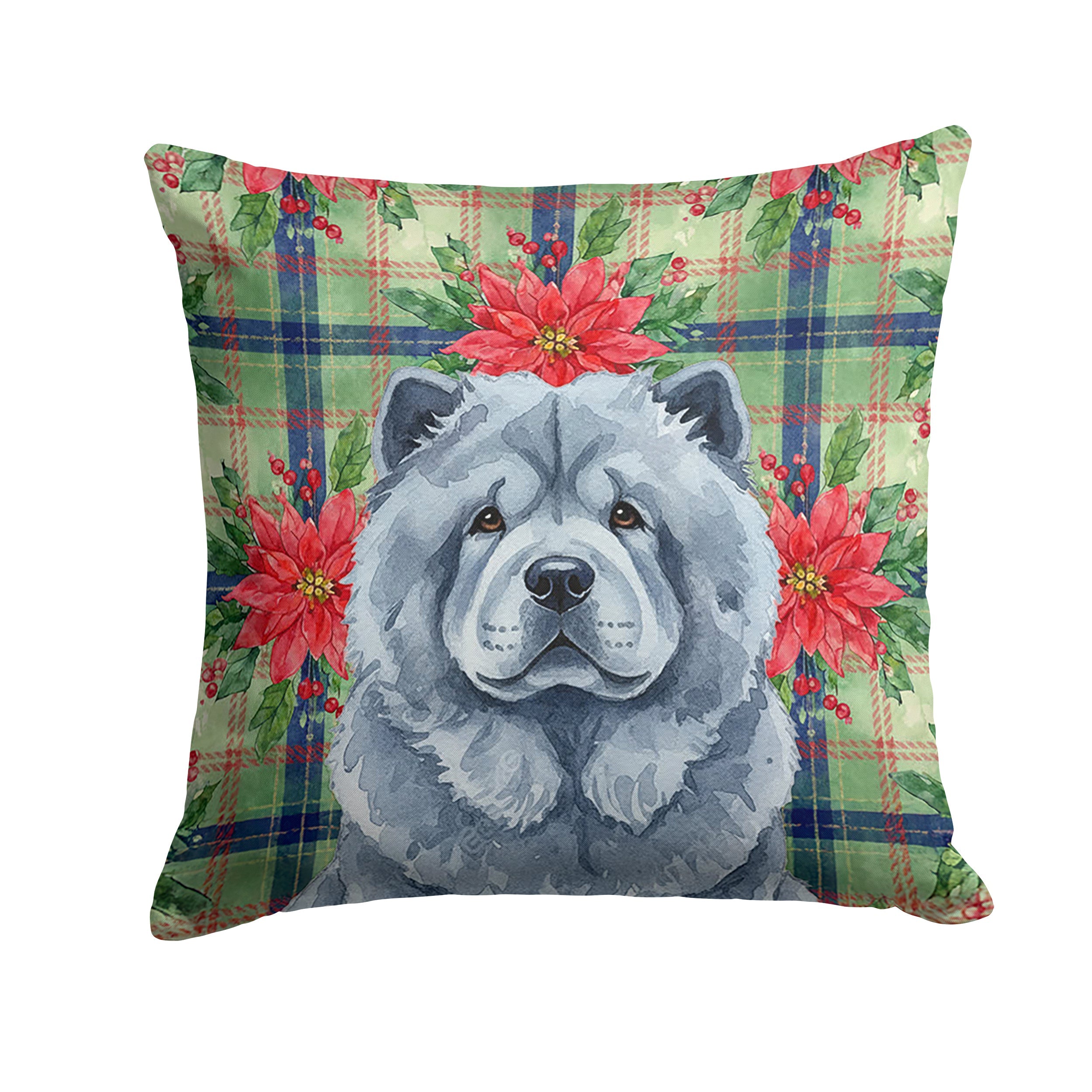 Blue Chow Chow Christmas PoinsettIas Decorative Throw Pillow 18x18 Indoor Outdoor Accent Cushion, Fabric Cover with Insert for Sofa, Bed, Porch & Living Room