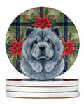 Blue Chow Chow Christmas PoinsettIas Large Sandstone Coasters Pack of 4 Absorbent Round Coasters Decor Gifts for Men or Women, 4 in, Multicolor