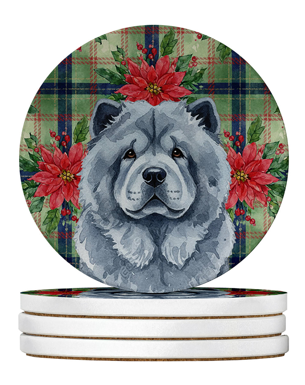 Blue Chow Chow Christmas PoinsettIas Large Sandstone Coasters Pack of 4 Absorbent Round Coasters Decor Gifts for Men or Women, 4 in, Multicolor