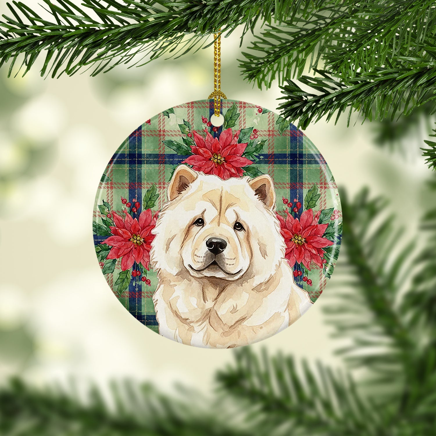 Cream Chow Chow Christmas PoinsettIas Ceramic Ornament Christmas Tree Hanging Decorations for Home Christmas Holiday, Party, Gift, 3 in, Multicolor