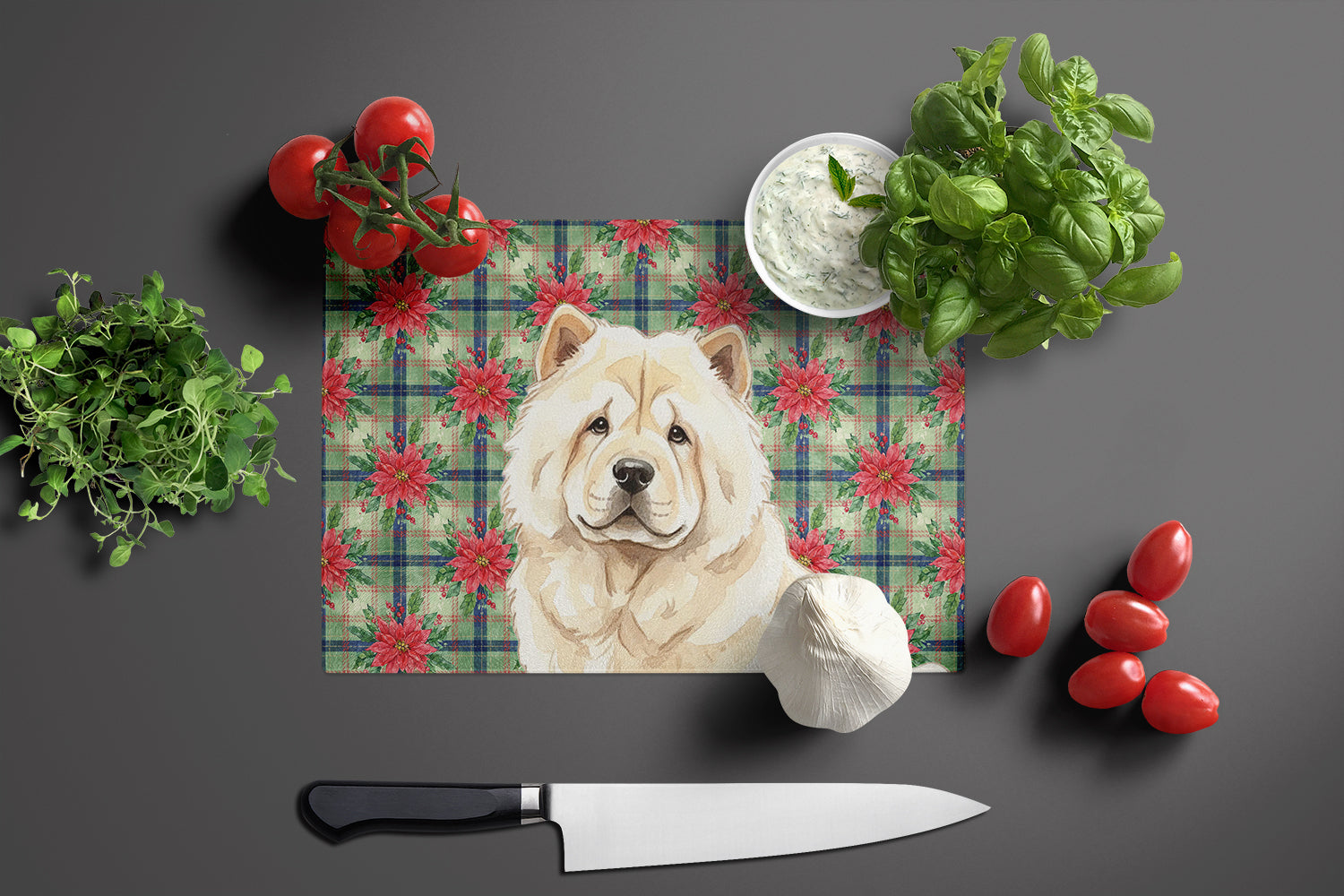 Cream Chow Chow Christmas PoinsettIas Cutting Board Tempered Glass Kitchen Cutting Surface, Heat Resistant Chopping, Non-Slip Feet, Food Prep & Serving