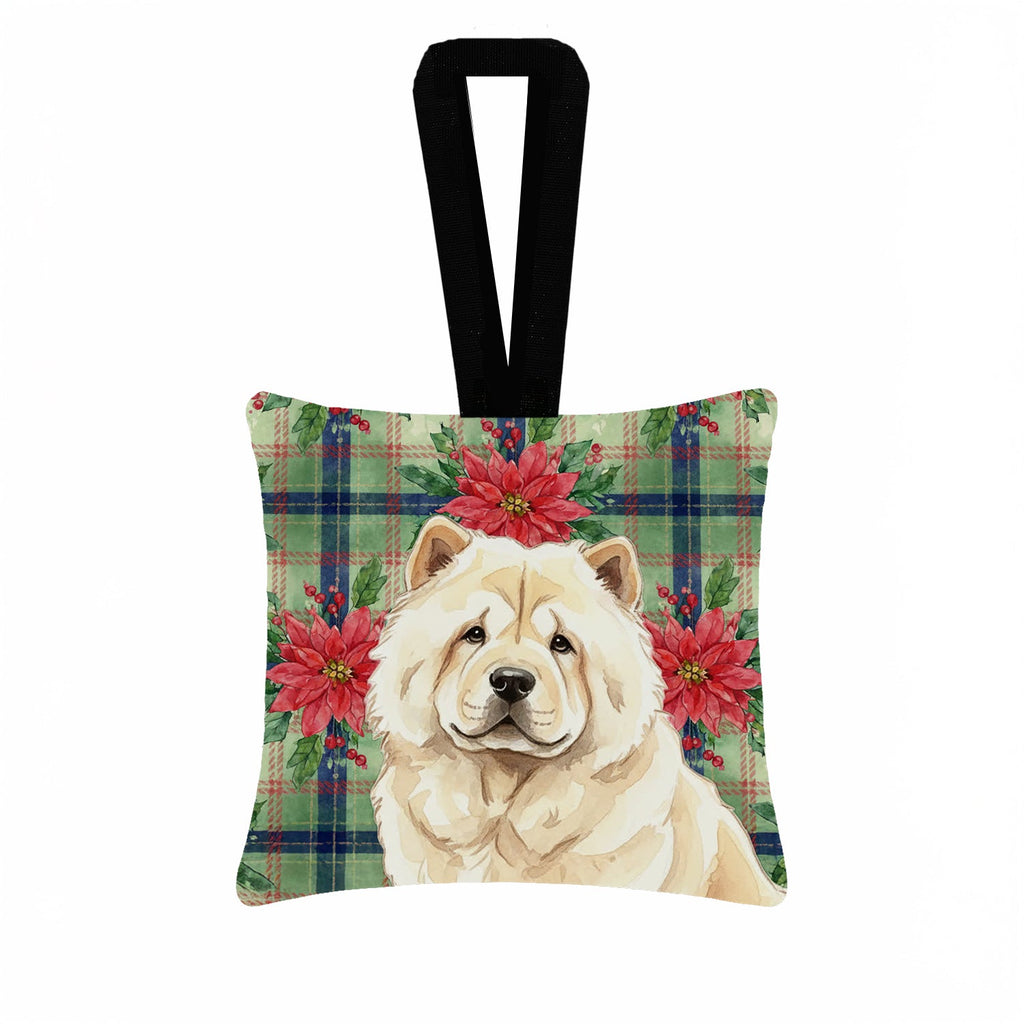Cream Chow Chow Christmas PoinsettIas Hanging Square Fabric Ornament 3.5 � 3.5 Decorative Door-Knob & Tree Hanger, Soft Fabric