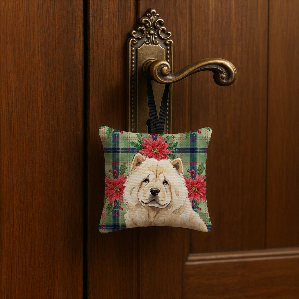 Cream Chow Chow Christmas PoinsettIas Hanging Square Fabric Ornament 3.5 � 3.5 Decorative Door-Knob & Tree Hanger, Soft Fabric
