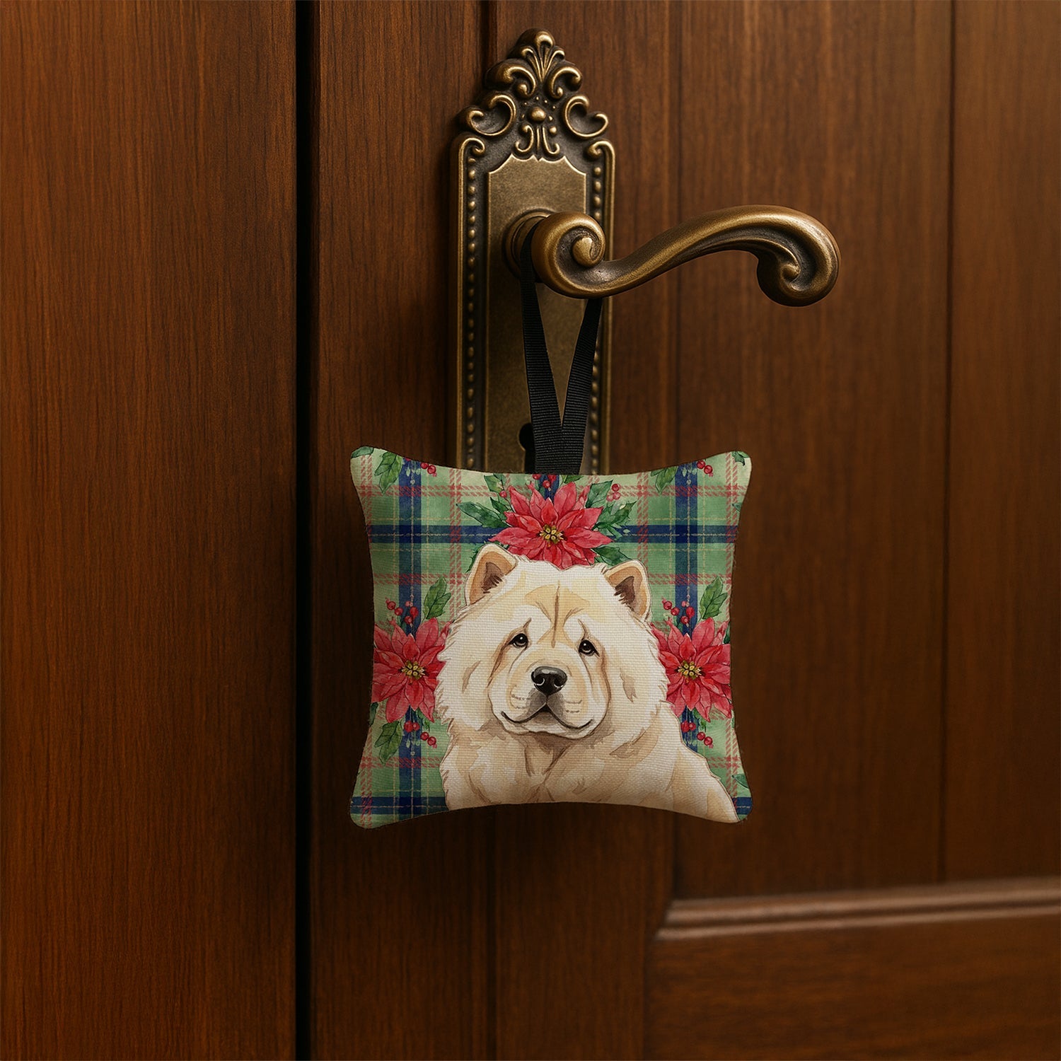 Cream Chow Chow Christmas PoinsettIas Hanging Square Fabric Ornament 3.5 � 3.5 Decorative Door-Knob & Tree Hanger, Soft Fabric